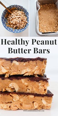 healthy peanut butter bars are stacked on top of each other and ready to be eaten