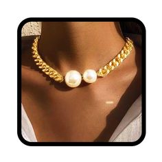 PRICES MAY VARY. Chucky choker necklace is made of alloy link and pearls，size data is shown in the image . Thick necklaces chain will instantly elevate your casual outfits. Its understated yet glamorous design pairs perfectly with everything from crisp white shirts and jeans to flowy sundresses, adding a touch of refined sophistication to your everyday look. Gold pearl chocker showcases a rich gold hue that beautifully enhances the warm, iridescent glow of the pearls. Pearl pandent gold chain fe Thick Necklace, Cuban Necklace, Necklaces Chain, Multi Layer Necklace, Gold Choker Necklace, Gold Choker, Chunky Necklace, Choker Necklaces, Necklaces For Women