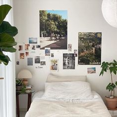 a bed with white sheets and pictures on the wall above it, along with potted plants