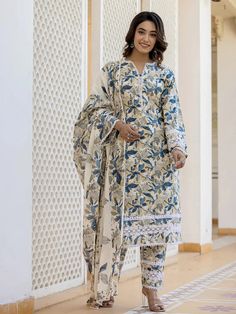 Beige, Blue & White Cotton Leaf Print Straight Shape Pakistani Style Suit Set with Voile Dupatta Fitted Cotton Lawn Suit With Long Sleeves, Blue Printed Cotton Salwar Kameez, Fitted Cotton Lawn Suit With Printed Motifs, Off White Long Sleeve Lawn Suit With Dabka, Semi-stitched Cotton Salwar Kameez For Spring, Long Sleeve Cotton Lawn Suit With Block Print, Spring Cotton Lawn Suit With Long Sleeves, Cream Cotton Anarkali Set, White Long Sleeve Lawn Suit With Floral Print