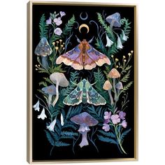 a painting of moths and flowers on a black background