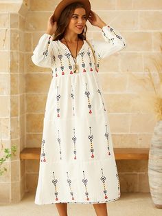 Casual Long Sleeve V-neck Geometric Printed Maxi Dress - Azzlee V-neck Dresses With Geometric Pattern For Beach, Bohemian V-neck Dress With Geometric Pattern, Chic White V-neck Boho Dress, Chic White Boho Dress With V-neck, Geometric Pattern V-neck Midi Dress, V-neck Geometric Pattern Beach Dresses, V-neck Beach Dresses With Geometric Pattern, Beach Dresses With Geometric Pattern And V-neck, Long Sleeve Geometric Pattern Dress For Vacation