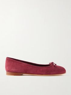 MANOLO BLAHNIK Veralli bow-detailed suede ballet flats | NET-A-PORTER Chic Suede Ballet Flats For Work, Chic Suede Ballet Flats, Chic Suede Ballet Flats With Flat Heel, Elegant Suede Ballet Flats, Chic Suede Ballet Flats With Round Toe, Suede Ballet Flats, Exclusive Dress, Raffia Bag, Ballet Pumps