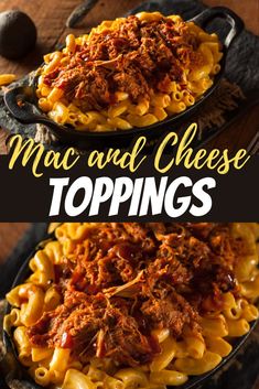 macaroni and cheese toppings in a cast iron skillet with text overlay