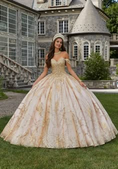 Patterned Glitter Quinceañera Dress with Chandelier Beading Quinceanera Dresses Damas, Vestido Charro, Damas Dresses, Quinceanera Dresses Gold, Quinceñera Dresses, Rose Gold Dress, Pretty Quinceanera Dresses, Quince Dress