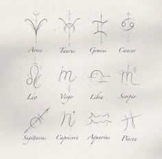 an image of zodiac signs written in cursive writing on paper with pen and ink