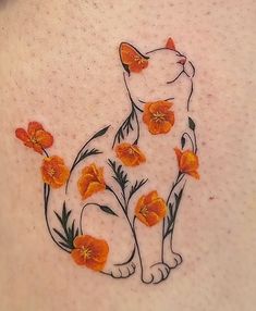 a cat with orange flowers on it's back side ribcage tattoo design