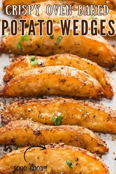 These Baked Potato Wedges comes out of the oven truly crispy on the outside and so tender on the inside.  With garlic and Parmesan seasoning, these potato wedges are so, so, so good! Perfectly seasoned, baked in oven for less guilt snacking. #potatowedges #bakedpotatowedges #ovenbakedpotatowedges #crispypotatowedges #healthypotatowedges #partyrecipes #superbowl #Parmesan #seasonedpotatowedges #schoolsnacks Potato Recipes Healthy, Wedges Potato, Sweet Potato Recipes Healthy