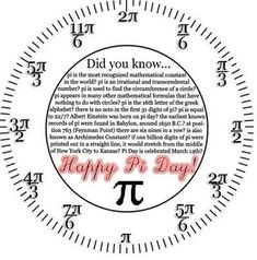 a clock with the words happy pi day written in pink and black on it's face