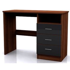 an office desk with three drawers and a shelf on the top, in dark wood