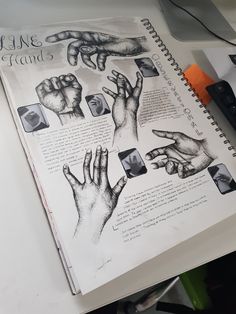 an open book with drawings of hands and pictures on the pages that show different gestures