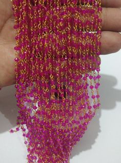 top quality beautiful Pink quartz glass beads rosary chain. Rondelle beads bulk roll chain. gold plated brass Wire wrapped Rosary Chain. fashion jewelry body chain. rosary chain for necklace, bracelet, earrings, anklet, body jewelry making. handmade beaded beads rosary chain. 3mm faceted beads rosary chain. wholesale price chain Gemstone- glass beads Pink quartz Size- 3 - 3.5mm  Type - beaded Gold Gemstone Beads For Party, Chain Rosary, Beads Rosary, Beaded Beads, Waist Beads, Rosary Chain, Chain Fashion, Quartz Beads, Chain Gold