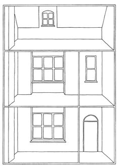 a drawing of a house with three floors and two windows on each floor, in black and white