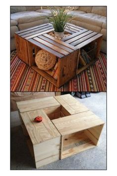 a coffee table made out of wooden pallets and some plants in the middle, sitting on top of a rug