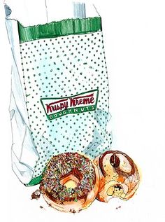 a drawing of two donuts in front of a bag with doughnut holes on it