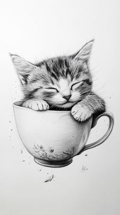 a drawing of a kitten sleeping in a teacup