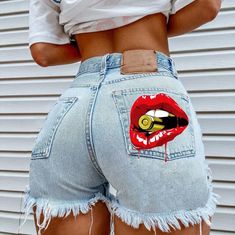 Summer Shorts Denim, Ripped Denim Shorts, Print Denim, Summer Denim, Love Print, Short Jeans, Ripped Denim, Denim Shorts Women, Printed Denim