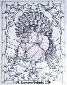 a drawing of a turkey in a stained glass frame