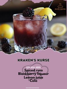 an advertisement for a blackberry liqueur with lemons and blackberries on the side