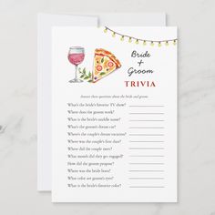 a card that says bride and groom trivia with pizza, wine glass and string lights