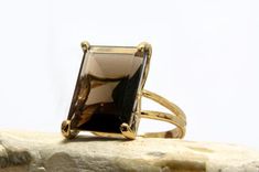 Art Nouveau Engagement Ring, Girlfriend Ring, White Topaz Engagement Ring, Brown Ring, Ring Rectangle, Double Band Ring, Rectangle Ring, Brown Rings, Smoky Quartz Ring