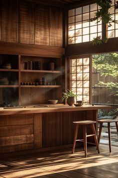 Japanese kitchen essentials highlighting precision knives and bamboo steamers Asian Kitchen Design Small Spaces, Japanese Wood Kitchen, Japanese Outdoor Kitchen, Japanese Wood Interior, Japan Style Kitchen, Japanese Condo Interior, Japanese Interior Design Kitchen, Japanese Kitchen Traditional, Japanese Window Design