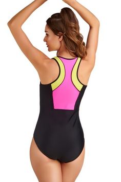 Pink sleeveless halter neck monokini with colorblocking and front zipper detail. - Aza Fashions Sporty Sleeveless Tankini For Water Sports, Sleeveless Stretch Tankini For Water Sports, Stretch Color Block Sleeveless Swimwear, Stretch Sleeveless Color Block Swimwear, Sleeveless Stretch Color Block Swimwear, Sleeveless Color Block Stretch Swimwear, Sporty Sleeveless Tankini For Pool, Sleeveless Stretch Swimwear For Water Sports, Stretch Sleeveless Swimwear For Water Sports