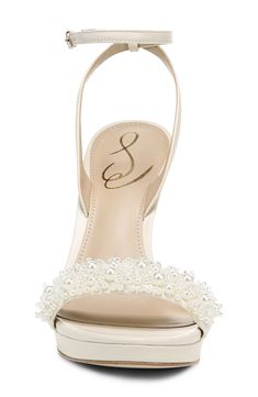 A rhinestone strap and slender heel elevate this shimmering sandal that's a must-have in your trendsetting wardrobe. 4 3/4" heel; 3/4" platform (size 8.5) Leather upper/synthetic lining and sole Imported Pearl Bridal Shoes, Bridal Heels Comfortable, Bride Shoes Wedding Heels, Brides Heels, Wedding Sandals Flat, Wedding Platform, Flat Sandals Wedding, Pearl Heels, Wedding Fits