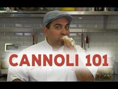 a man in a chef's hat eating food with the words cannoli 101