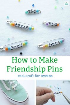 Friendship Pins, Friendship Crafts, Safety Pin Crafts, Crafts For Teens To Make, Craft Club, Fun Craft, Make Friends, Camping Crafts, Upcycled Crafts