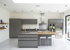 a modern kitchen with gray cabinets and counter tops