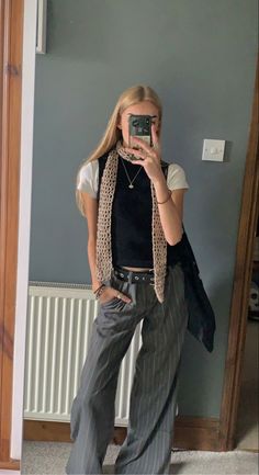 Pinstripe Trousers Outfit Casual, Sixth Form Trouser Outfits, Unique Spring Outfits, Crochet Mesh Scarf, Crochet Scarf Outfit, Sixth Form Outfits Trousers, Smart Sixth Form Outfits, Smart Trousers Outfit, Tiny Scarf Outfit