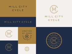 the mill city cycle logo is shown in three different colors and font styles, including gold