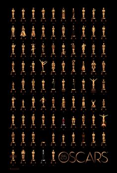 an oscars poster with all the oscar statues on it's black back ground