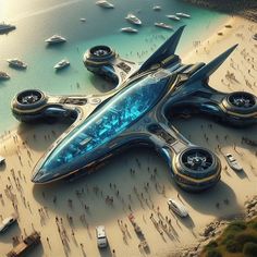 an aerial view of a futuristic flying vehicle on the beach with many boats in the water