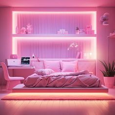 a bedroom with pink lighting and a bed in the middle, surrounded by white furniture