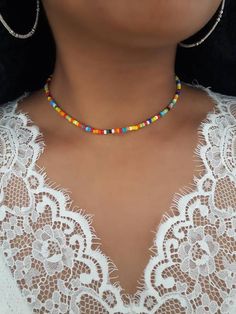 Rainbow Beaded Choker Seed Bead Choker Colourful Bead | Etsy Seed Jewelry, Colorful Choker, Seed Necklace, Seed Bead Choker, Couples Bracelet, Bead Choker, Rainbow Beads, Blue Evil Eye, Initial Bracelet