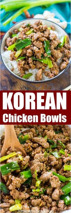 korean chicken bowl with rice and green onions