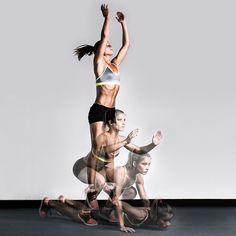 three women are doing yoga poses in front of a white background and one is jumping