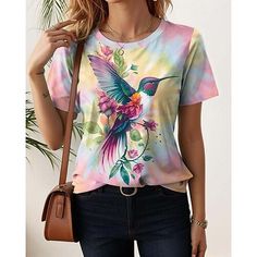 Category:T-shirt; Season:Summer; Fabric:Polyester; Sleeve Length:Short Sleeve; Gender:Women's; Style:Hawaiian; Elasticity:Micro-elastic; Tops Type:T Shirt; Occasion:Vacation; Top Length:Regular Tops; Pattern:Bird,Tie Dye; Neckline:Crew Neck; Brand:Shall We; Listing Date:03/29/2024; Bust:null; Length:null; Sleeve:null; Fit US Size:null; Fit UK Size:null; Fit EU Size:null Multicolor Hawaiian T-shirt For Summer, Bohemian Letter Print Summer Tops, Multicolor Floral Print T-shirt For Summer, Bohemian Multicolor T-shirt For Vacation, Multicolor Printed T-shirt For Summer, Multicolor Print Summer T-shirt, Summer Multicolor Printed T-shirt, Tropical Multicolor Crew Neck Top, Bohemian Multicolor T-shirt For Beach