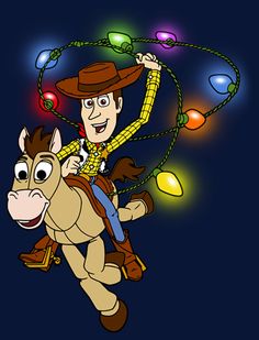 a man riding on the back of a brown horse wearing a cowboy hat and lights