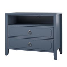 a blue nightstand with two drawers on one side and an open drawer on the other