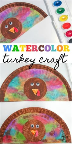 paper plate turkey craft with watercolor paint on it and the words, watercolor turkey craft