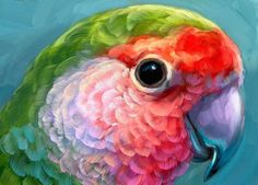 a painting of a colorful parrot on a blue background