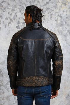 Men's Distressed Motorcycle Leather Jacket In Black The men's distressed motorcycle leather jacket, in classic black, is a testament to rugged sophistication. Made from semi-aniline sheepskin leather, it features a unique quilted shoulder design and a vintage look. The jacket is equipped with a band collar, zip cuffs, and a secure zipper closure. Lined with comfortable viscose, it offers ample storage with two side and two breast zip pockets, embodying both style and functionality. Outer Shell: Genuine Leather Leather Type: Sheepskin Leather Finish: Semi-aniline Inner Shell: Viscose Lining Features: Quilted Shoulder With Vintage Look Closure Style: Zipper Collar Style: Band Cuffs Style: Zip Inside Pockets: One Outside Pockets: Two Side Zip Pockets And Two Breast Zip Pockets Color: Black Rugged Leather Biker Jacket For Motorcycling, Distressed Brown Moto Leather Jacket For Biker Events, Distressed Leather Biker Jacket For Biker Events, Rugged Leather Jacket For Biker Events In Winter, Rugged Leather Jacket For Winter Biker Events, Distressed Brown Leather Jacket For Biker Events, Moto Biker Jacket In Distressed Brown For Biker Events, Distressed Brown Leather Outerwear For Bikers, Distressed Brown Leather Outerwear For Biker Events