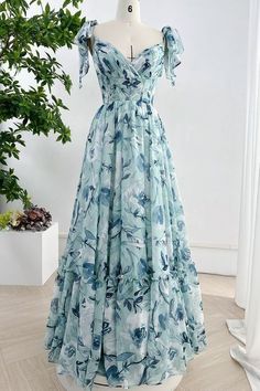 Floral Pattern Dress, Corset Bodice, Green Floral Print, Vestidos Vintage, Tie Bow, Dress Spaghetti, Dress Inspiration, Blue Floral Print, Gown Dress