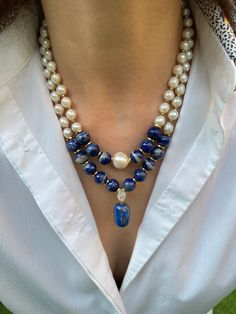 Handmade Lapis Lazuli Necklaces, Blue Double Strand Pearl Necklace Gift, Blue Double Strand Pearl Necklace For Gift, Blue Spiritual Necklaces For Anniversary, Blue Spiritual Necklace For Anniversary, Handmade Statement Necklace, Jewelry Styling, Blue Statement Necklace, Pearl Statement Necklace