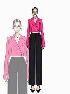 a drawing of a woman in a pink top and black pants with her hand on her hip