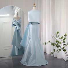 Elegant Blue Evening Dress With Detachable Train, Blue Floor-length Evening Dress With Detachable Train, Light Blue Satin Gown For Wedding, Light Blue Satin Wedding Gown, Light Blue Banquet Gown With Sweep Train, Light Blue Gown With Sweep Train For Banquet, Light Blue Mermaid Dress For Wedding In Prom Season, Light Blue Mermaid Dress For Wedding And Prom Season, Light Blue Evening Dress With Sweep Train For Banquet