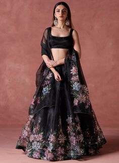 Black Lehenga Outfit Ideas, Bridesmaid Outfit Ideas Indian, Tissue Silk Sets With Floral Embroidery For Reception, Black Organza Sets For Reception, Floral Embroidered Saree Sets For Evening, Fitted Floral Embroidered Tissue Silk Sharara, Floral Embroidered Tissue Silk Designer Wear Set, Designer Tissue Silk Set With Floral Embroidery, Organza Saree With Floral Embroidery For Reception